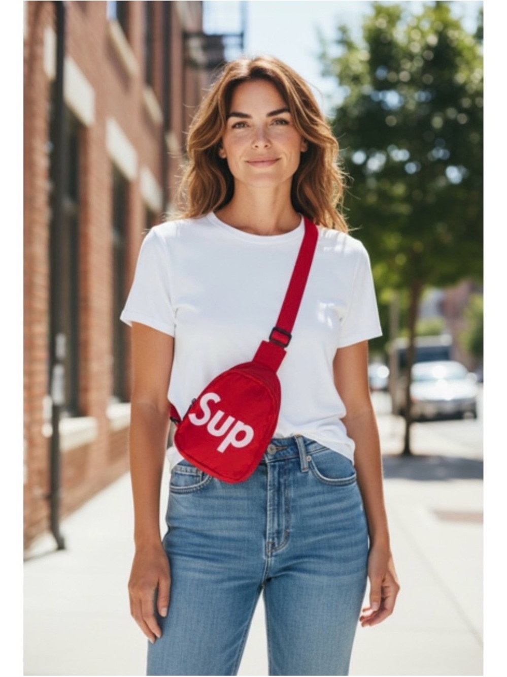 Red Crossbody Sling Bag with White 'Sup' Accent